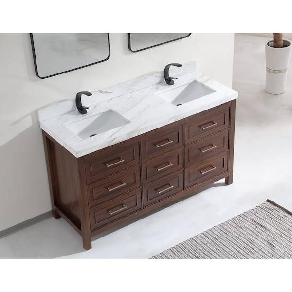 Luxury Ebony Series 60 in. 1 Freestanding Dark Brown Finish Bath Vanity with 2 in. White Natural Marble Top Assembled