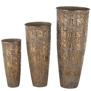 Brass Tapered Textured Floor Metal Abstract Decorative Vase with Gray Backing (Set of 3)