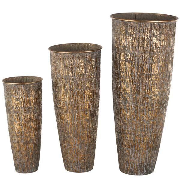 Litton Lane Brass Tapered Textured Floor Metal Abstract Decorative Vase with Gray Backing (Set of 3)