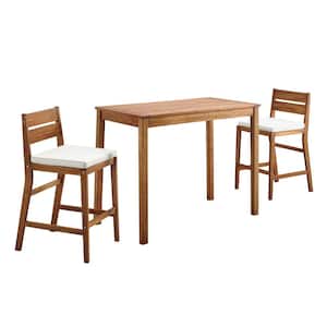 Acacia Brown 3-Piece Wood Rectangle Counter Height Outdoor Dining Set with White Cushions