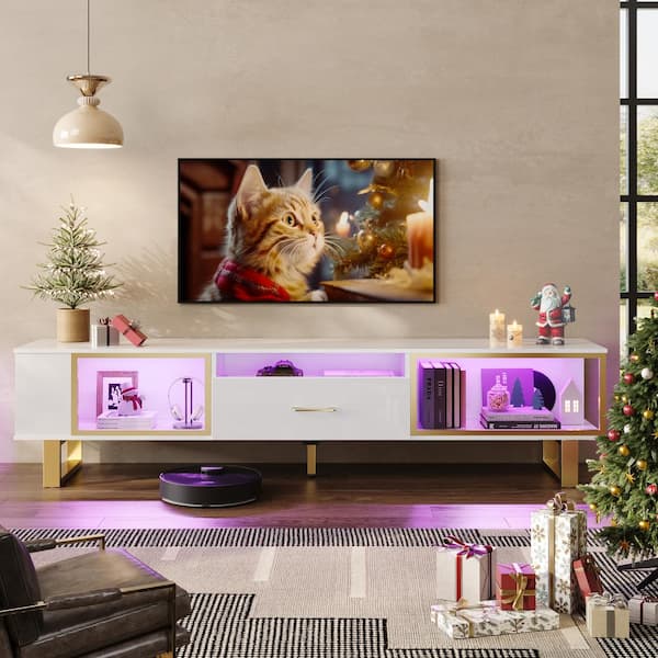 Bestier 70 in. High Gloss TV Stand for TVs Up to 80 in. Modern Entertainment Center with Open Storage and Drawer White and Gold