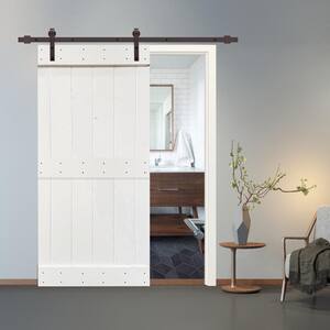Mid-Bar 42 in. x 84 in. White Stained Knotty Pine Wood Interior Sliding Barn Door with Hardware Kit
