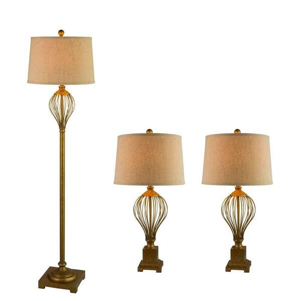 Fangio Lighting 64 in. 3-Piece Antique Gold Metal Wire Lamp Set
