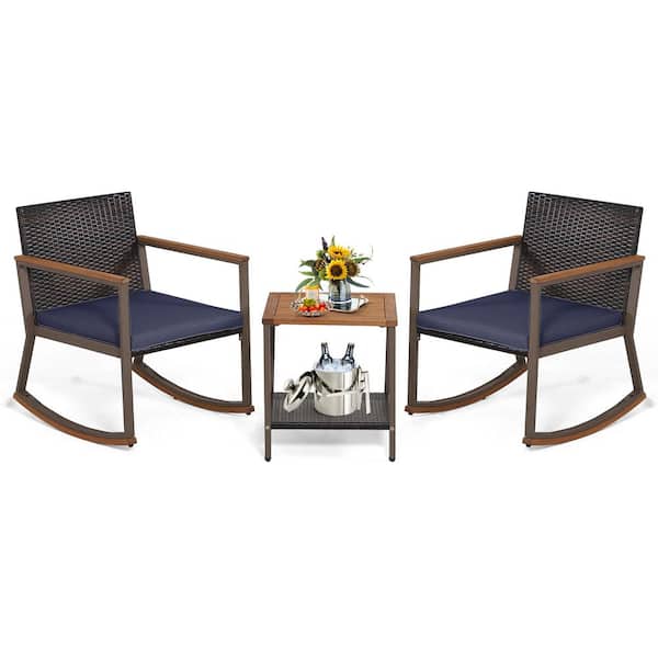 Gymax 3 Piece Wicker Outdoor Bistro Set with Navy Cushion and Storage Shelf Patio