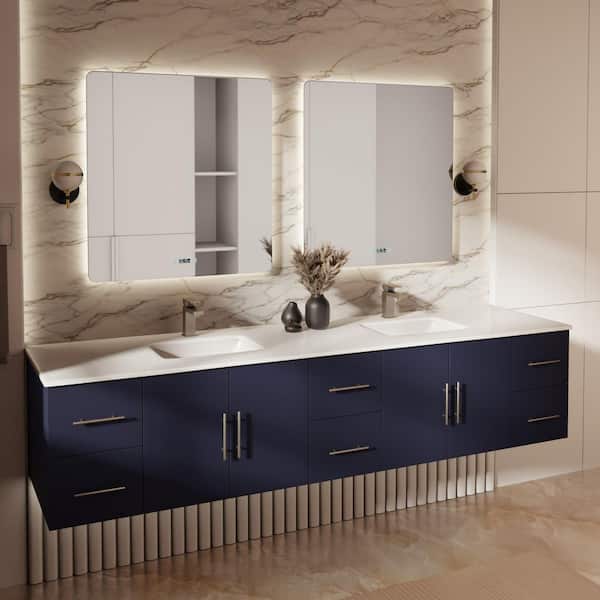 Geneva 84 in. W x 22 in. D Navy Blue Double Bath Vanity, White Quartz Top, and 36 in. LED Mirrors