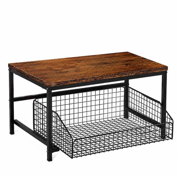 Two Tier Rustic Brown Wood and Black Metal Pull Out Countertop Spice Rack Organizer with Wire Basket Shelf