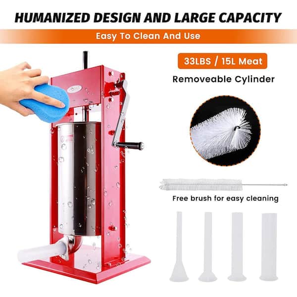 Happybuy Manual Sausage Stuffer Maker 15L Capacity, Two Speed Vertical Meat Filler Stainless Steel, Heavy Duty Sausage Filler with 5 Filling Funnels