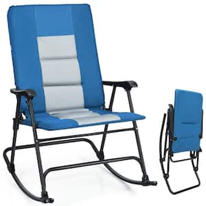 Blue Steel Outdoor Rocking Chair Foldable Padded Camping Chair with Backrest and Armrest