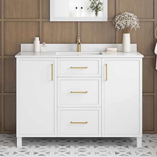 Home Decorators Collection Bilston 48 in. W x 19 in. D x 34 in. H Single Sink Bath Vanity in White with White Engineered Stone Top