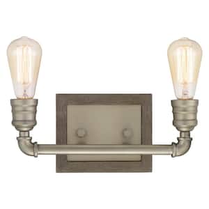 Palermo Grove 14in.2-Light Industrial Antique Nickel Farmhouse Vanity Light with Painted Weathered Gray Wood Accents