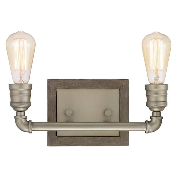 Home Decorators Collection Palermo Grove 14in.2-Light Industrial Antique Nickel Farmhouse Vanity Light with Painted Weathered Gray Wood Accents