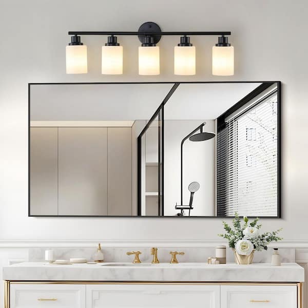 31.1 in. 5 Black Vanity Light Fixture with White Glass Shades