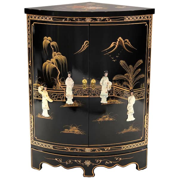 Red Lantern Black Lacquer Royal Ladies Round Corner Accent Cabinet