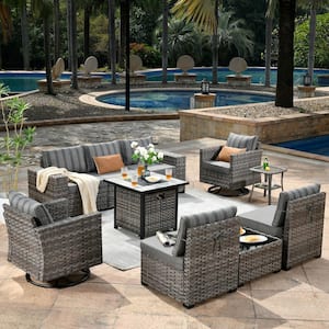 Moonstone 10-Piece Wicker Outdoor Patio Fire Pit Sectional Sofa Set with Gray Stripe Cushion and Swivel Rocking Chairs