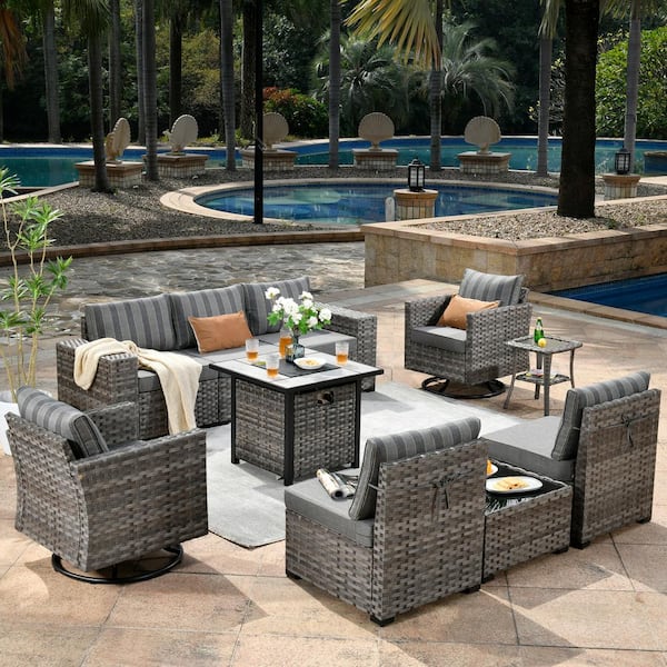 XIZZI Moonstone 10-Piece Wicker Outdoor Patio Fire Pit Sectional Sofa Set with Gray Stripe Cushion and Swivel Rocking Chairs