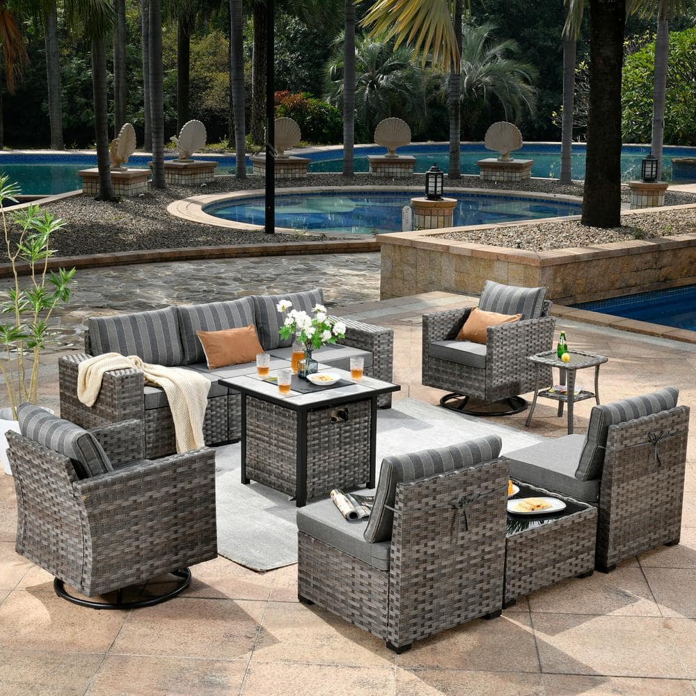 XIZZI Metis 10-Piece Wicker Outdoor Patio Fire Pit Sectional Sofa Set ...