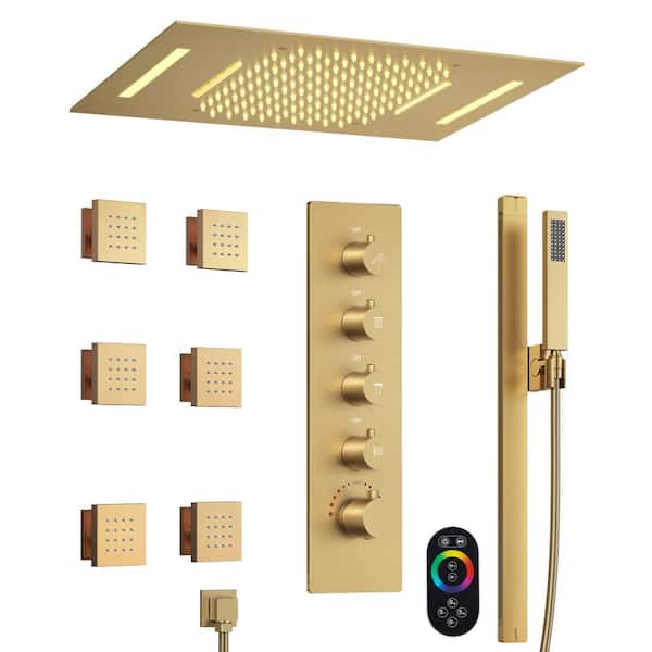 GRANDJOY 23 x 15 in. 15-Spray Smart LED Luxury Multi-Function Wall Bar Shower Kit with 6-Body Spray Brushed Gold (Valve Included)