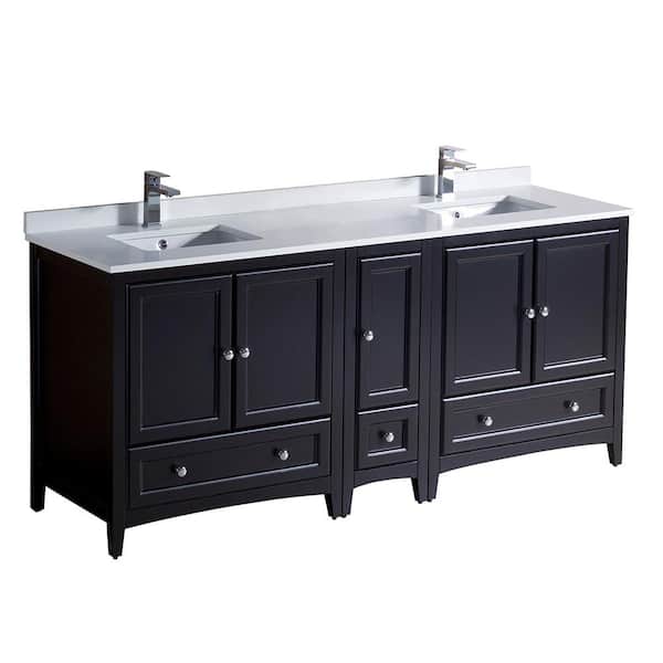 Fresca Oxford 72 in. Double Vanity in Espresso with Quartz Stone Vanity Top in White with White Basins with Side Cabinet