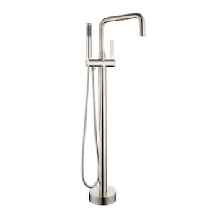Single Handle Freestanding Tub Faucet with Hand Shower in Brushed Nickel and 360° Swivel Spout Floor Mount Filler
