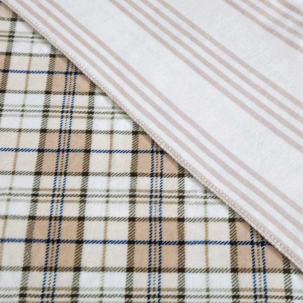 Beige and Green Plaid Fleece Reversible Throw Blanket