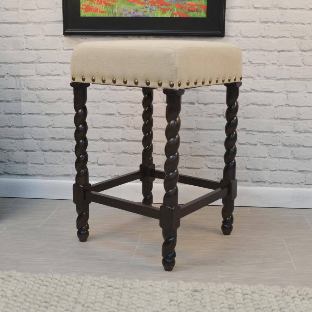 Espresso Linen Upholstered Backless Swivel Counter Stool