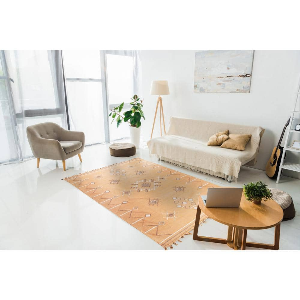 Coral and Grey Entryway Rug with Fringe