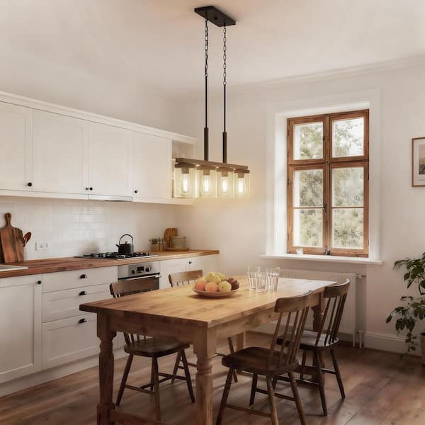 4-Light Black Wood Grain Pendant Light, Kitchen Island Linear Fixture with Clear Glass Shades, Modern Ceiling Lighting