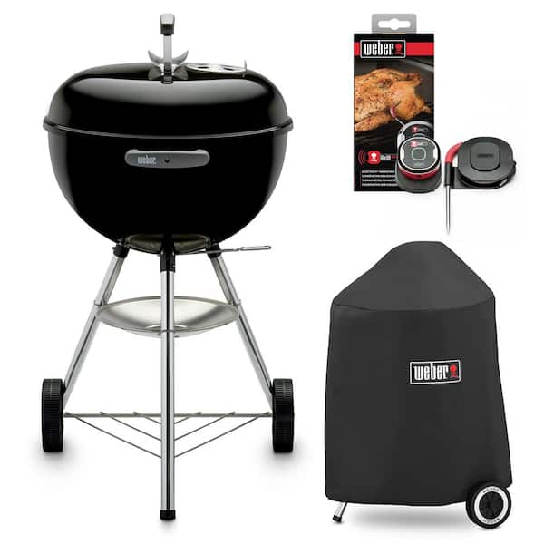 Weber Original Kettle 18 in. Charcoal Grill in Black with Grill Cover and iGrill Mini Thermometer
