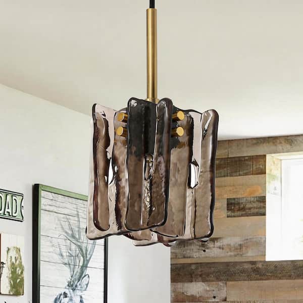 4.7 in. Modern 1-Light Brass Mini Pendant Light with Square Textured Smoky Gray Glass Shade