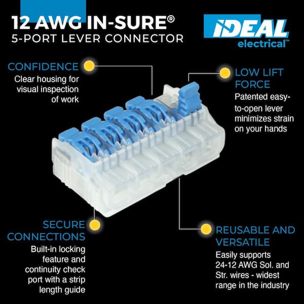 In-Sure Lever Wire Connector, 12 AWG, 5-Port Jar of 200