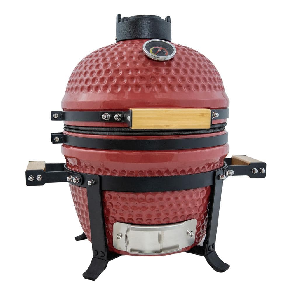13 in. Ceramic Tabletop Kamado Egg Charcoal Grill and Smoker in Red with Stand