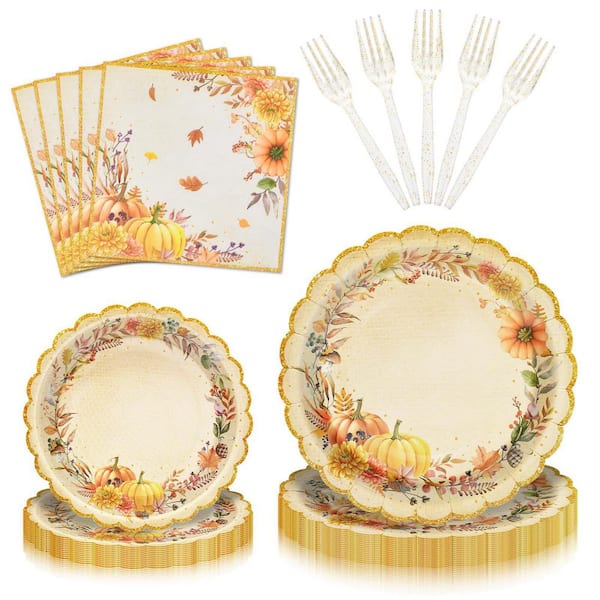 9 in. W Black Platters Orange 96-Piece Fall Pumpkin Disposable Paper Tableware Set with Scalloped Edge Plates, Napkins