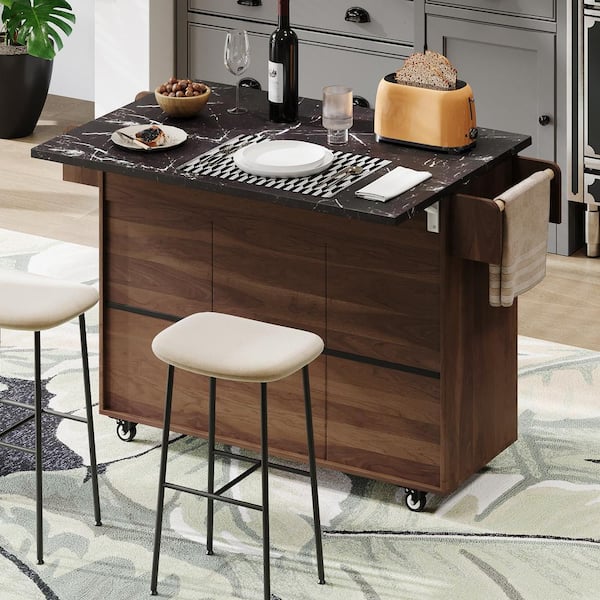 Brown Wood 51.06 in. Rolling Kitchen Island with Drop Leaf and