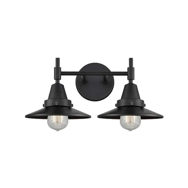Railroad 17 in. 2-Light Matte Black Vanity Light with Metal Shade