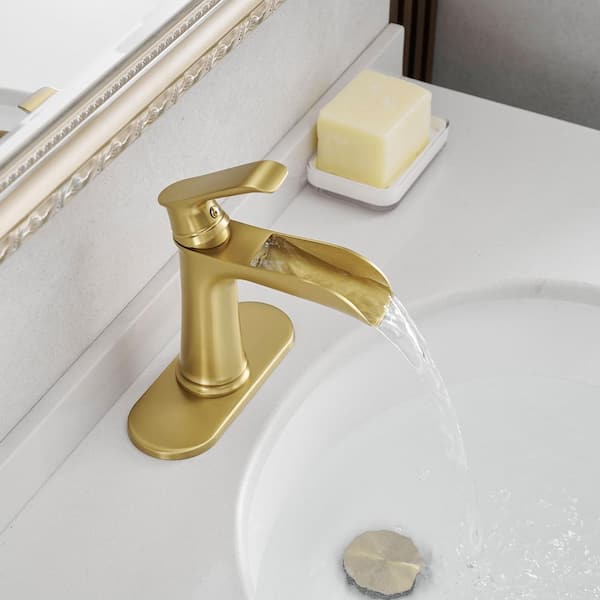 Single Handle Single Hole Bathroom Faucet with Deckplate Included Pop Up Drain and Water Supply Hoses in Brushed Gold