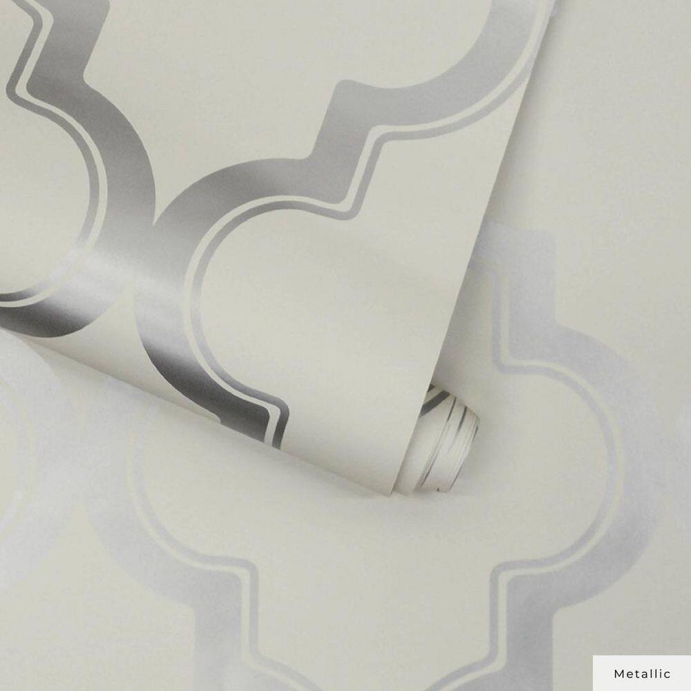 Cream and Metallic Silver Vinyl Peel and Stick Wallpaper Roll
