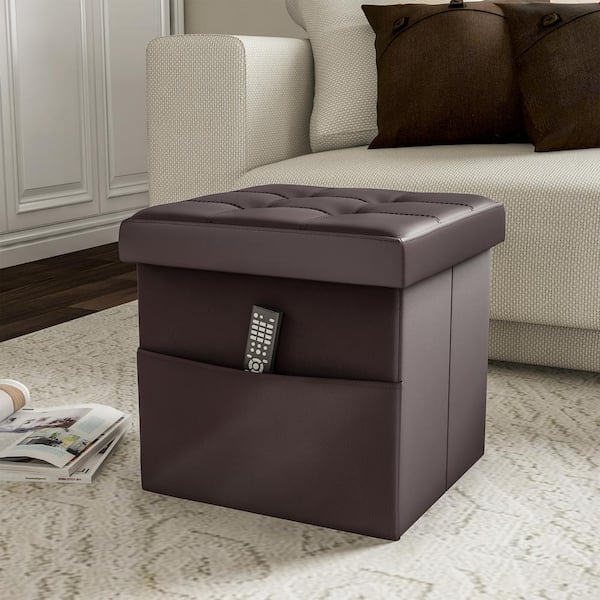 Lavish Home Brown Faux Leather Foldable Storage Cube Ottoman with Pocket