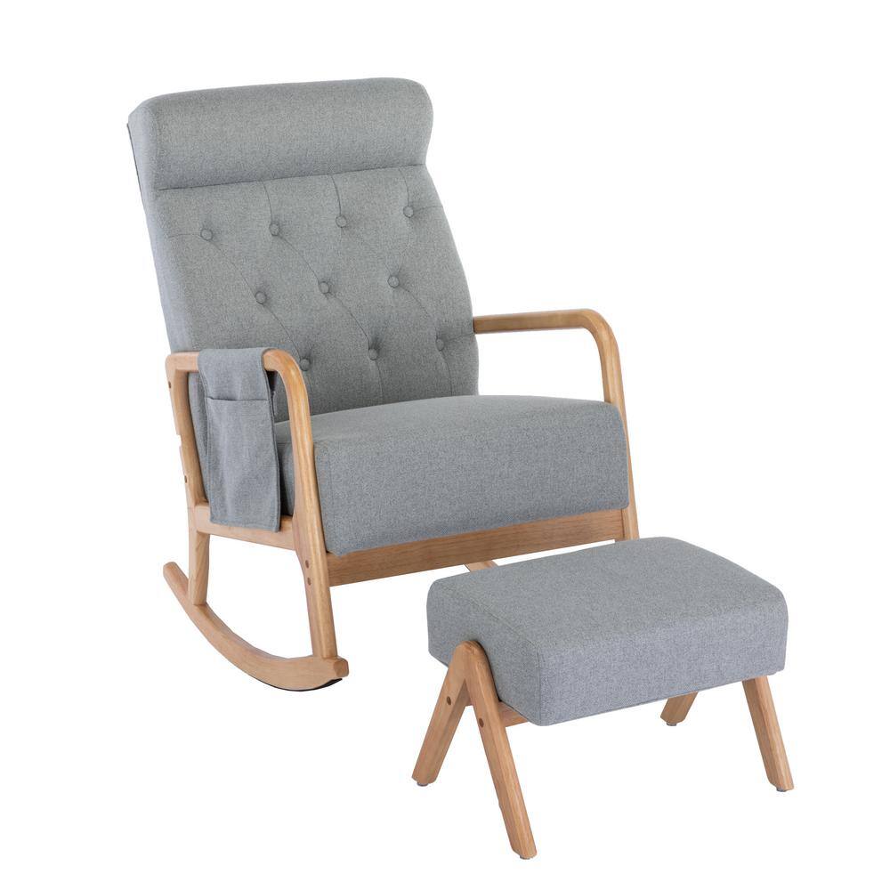 Solid Wood Outdoor Rocking Chair with Ottoman and with Thick Padded Cushion