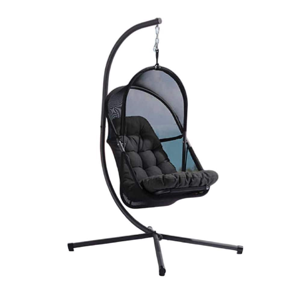 Bery 34.25 1-Person Black Steel Outdoor Swing Chair with Foldable Stand and Coastal Black Cushion
