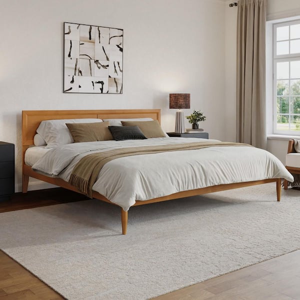 Ellarie Light Toffee Natural Bronze Wood Frame King Platform Bed with Adjustable Headboard