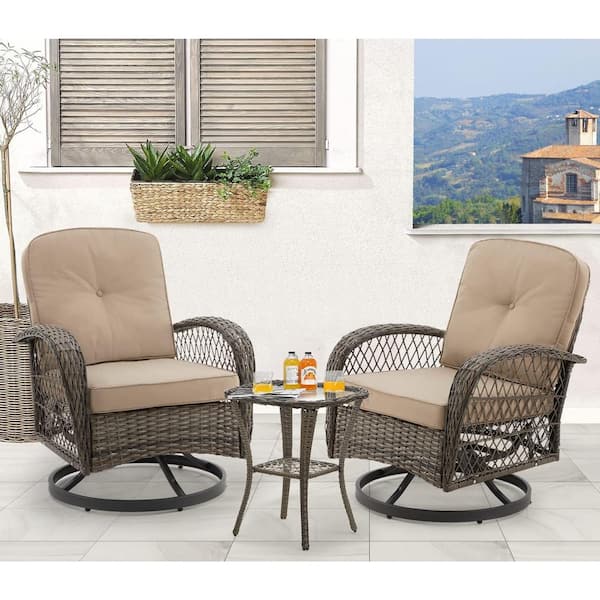 HOMMOW 3-Piece Outdoor Wicker 360° Swivel Patio Chairs, Patio Conversation Set with Thickened Cushions and Glass Table, Khaki