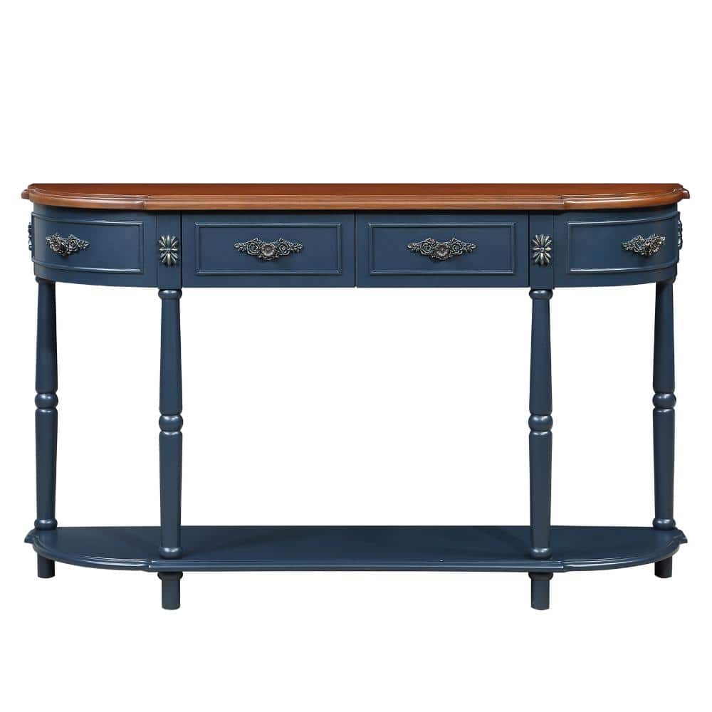 52 in. Navy Blue Half Moon Solid Pine Wood Console Table with Open Shelf and 2 Drawers durable construction price history on PriceWatchPro