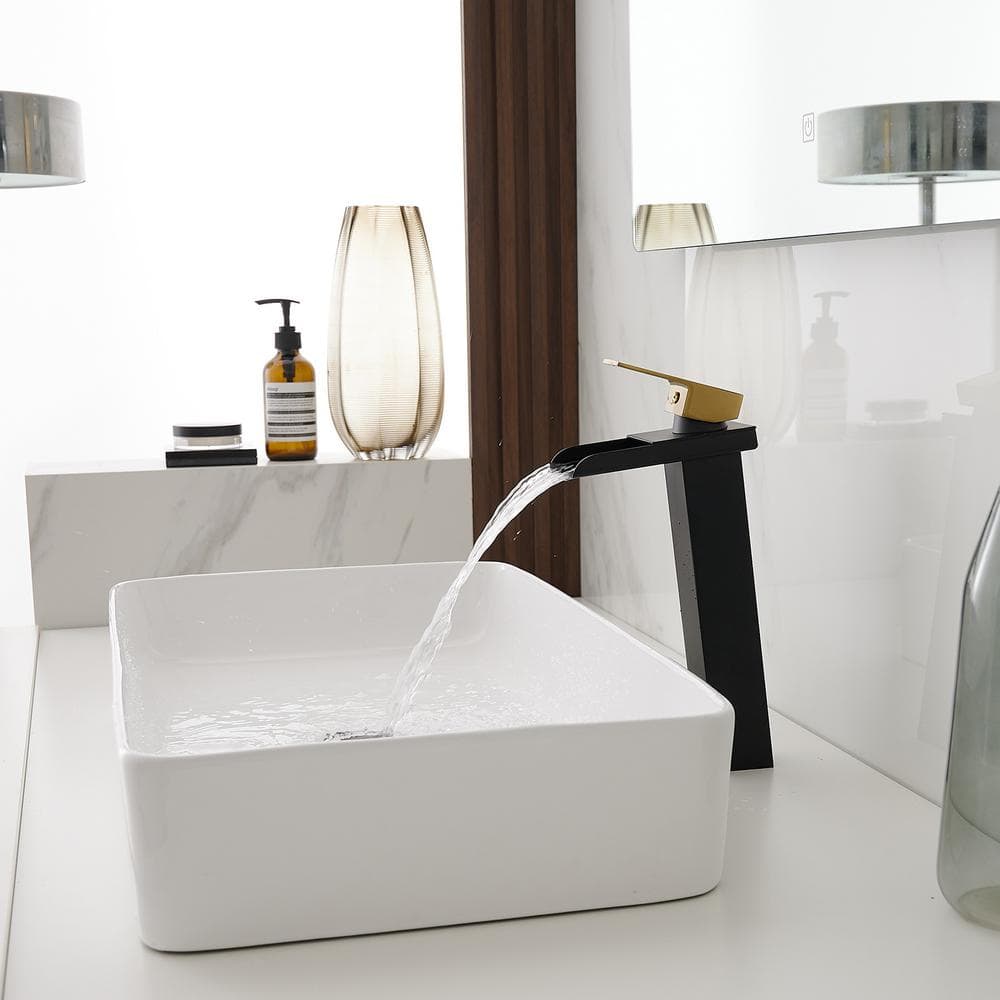 Matte Black and Gold Single Handle Waterfall Vessel Faucet