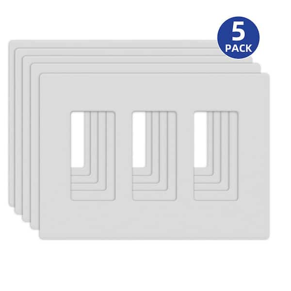 ELEGRP 3-Gang Midsize Screwless Decorator/Rocker Wall Plate, White (5-Pack)