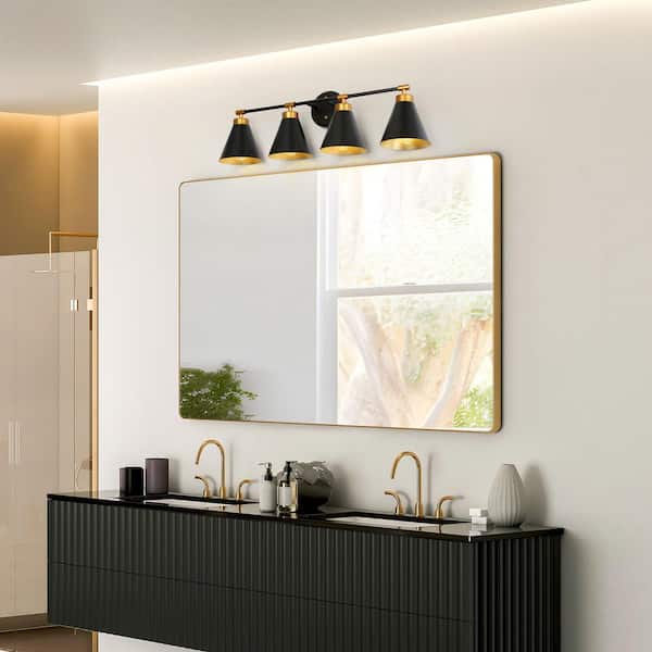 Matte Black Bathroom Vanity Light, 29.5 in. W 4-Light Antique Gold Bell Bath Wall Light