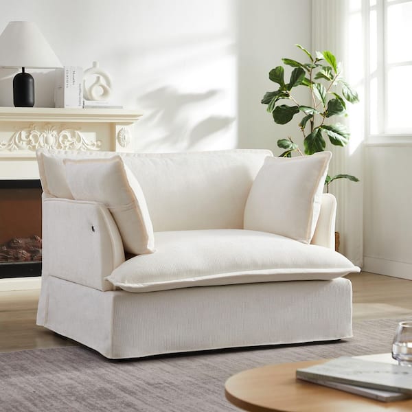 White Chenille Arm Chair with Dual-Port Charging and Throw Pillows