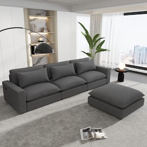 128 in. L Shaped Chenille Upholstered Sectional Sofa in Gray with Ottoman, Charging Ports and Back Pillows