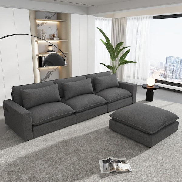 Harper & Bright Designs 128 in. L Shaped Chenille Upholstered Sectional Sofa in Gray with Ottoman, Charging Ports and Back Pillows