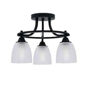 Madison 15.25 in. 3-Light Matte Black Semi-Flush Mount with Clear Ribbed Glass Shade
