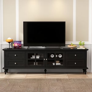 Modern Black Wood TV Console Media Console Entertainment Center with Glass Doors, 4-Drawers Fits TV's Up to 80 in.